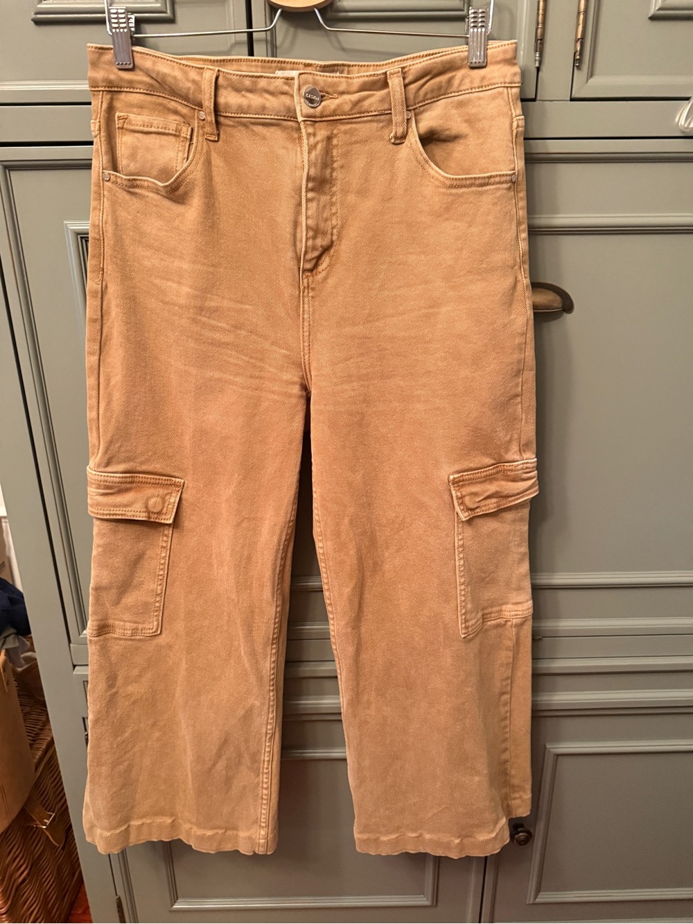 RISEN Women’s Brown Denim Cargo Jeans Stretch Straight Leg High Rise Sz 13/31